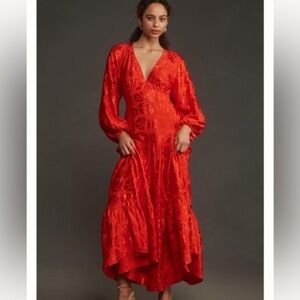 FARM RIO NWT Jacquard Scarlet Red Maxi Dress Long Sleeve V Neck XS